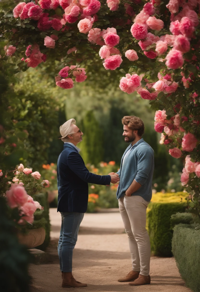Image of a young man talking to a gardener in a rose garden
