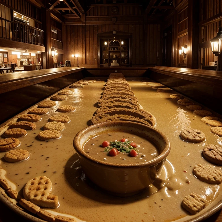 a river of gravy with ships made out of biscuits