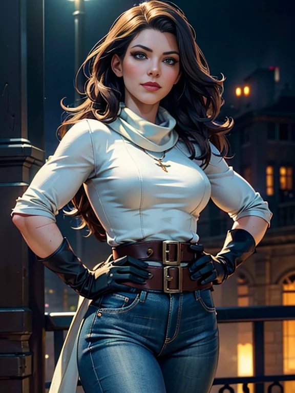 Evangeline Lilly、(masterpiece:1.0), (Highest_quality:1.2), (Dark Shot:1.3), Classic Rogue, 1991 Rogue X-Men, 1 girl, Only 1, Head to Toe, standing on street corner, Elegant pose, (clothing: 茶colorの冬用コート, 茶colorのフード, Down lining, White scarf, gloves, jeans) Medium length hair, Brown Hair, Wavy Hair, One gray hair, Green Eyes, Mischievous look, Grin, Lips parted,  Red lipstick, Heavy makeup, Confident expression, Backlight, (realism: 1.5), (Realistic: 1.4), (Disorganized:1.4), 8k, Very detailed, Detailed beautiful woman,  (background: Midnight, it&#39;s snowing, On the streets of New York, Snowy Night), Official Art, Very detailed CG ユニティ 8k 壁紙, Perfect lighting, colorful, 超High resolution, photograph, 8k, High resolution, Kodak Portrait 400, Film Grain, blurry background, (Bokeh:1.2), (Vibrant_color:1.2), Film Grain:1.2, (暖かいcolor合い, Warm Tones:1.2), (color photo), プロのphotograph