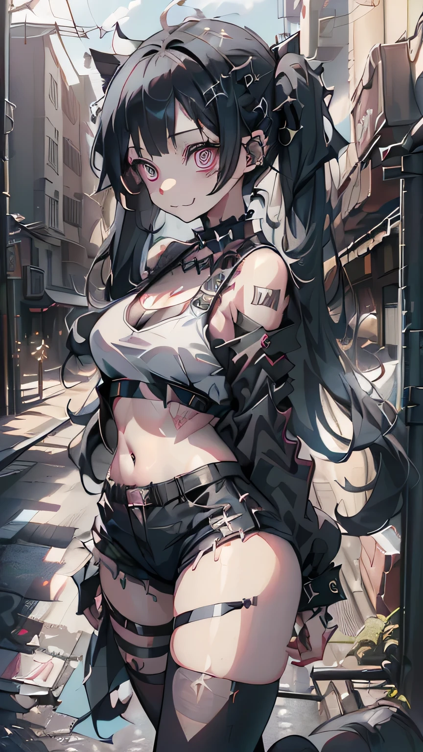 2D,#quality(8k,wallpaper of extremely detailed CG unit, ​masterpiece,hight resolution,top-quality,top-quality real texture skin,hyper realisitic,increase the resolution,RAW photos,best qualtiy,highly detailed,the wallpaper), BREAK,solo,#1girl(cute,kawaii,evil smile,hair floating,hair messy,black hair,long hair,twin tails hair,pale skin,skin color blue,eyes are red,red eyes shining,big eyes,ripped clothe:1.8,tight tube top,breast,tight hot pants,dynamic pose:2.0,dynamic angle:1.4,stomach shown :0.8,punk fashion,black cat ear:1.4),#background(outside,noisy city,backstreet,narrow street,street lights),[chibi:2.0],