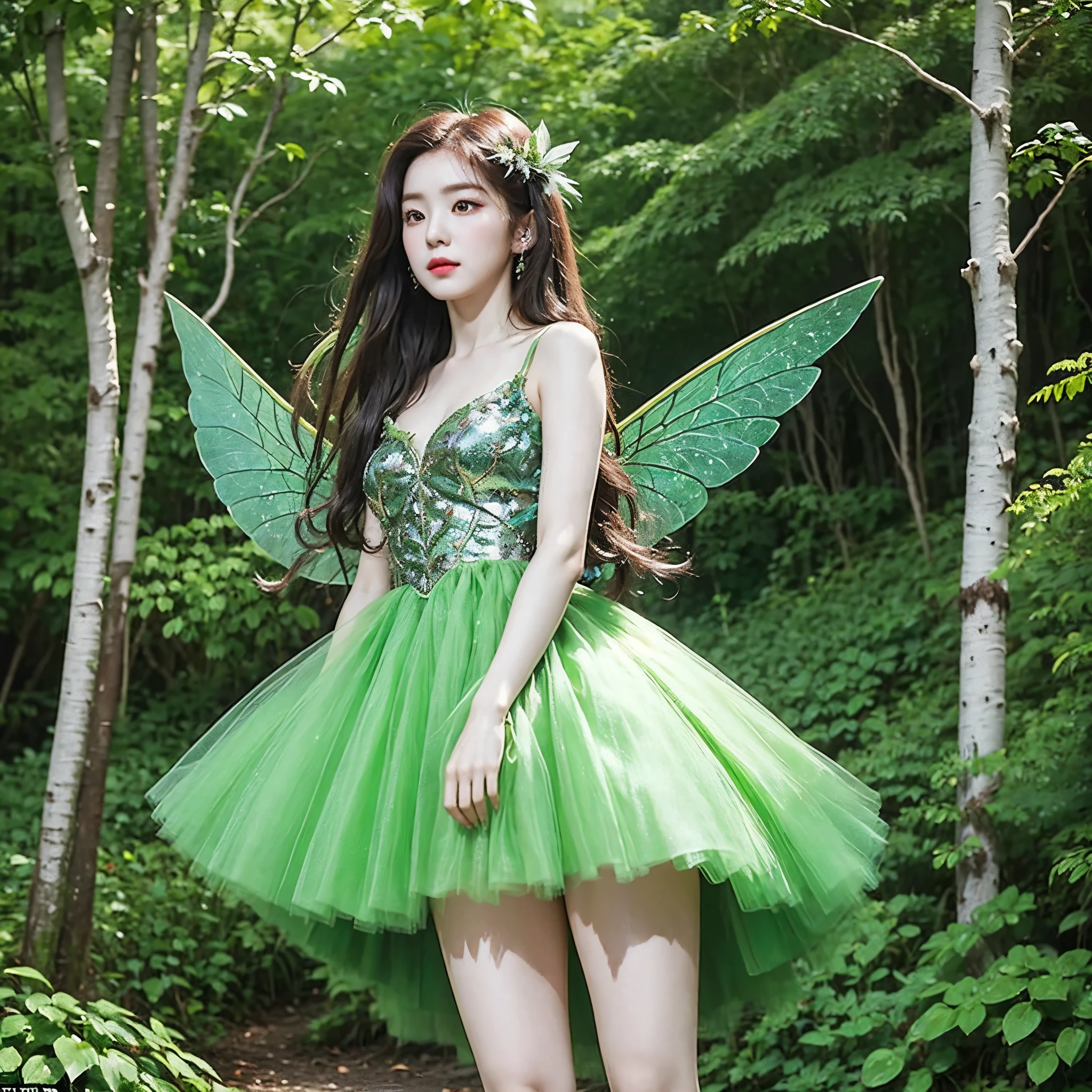 irene1, 1girl, fairy dress, green dress, fairy wings, in a forest