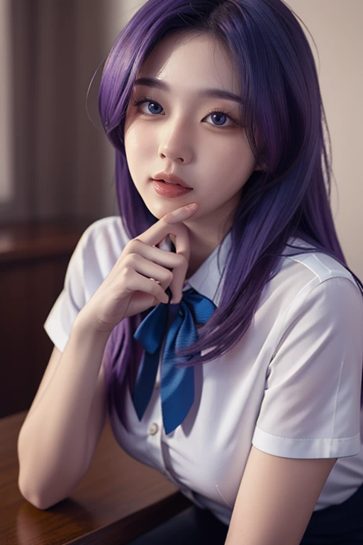 (1 lady), (Best quality at best:1.4), (ultra - detailed), (extremely detailed CG unified 16k), A Beautiful Woman with Perfect Figure: 1.4, Sharp Focus: 1.2, very detailed, High-definition RAW color photo, professional photoshooting, amazing face and eyes, cosmetics, Hanyuu, solo, tongue, tongue out, purple eyes, :p, horns, long hair, purple hair, looking at viewer, bow, shirt, realistic, beautiful girl, photorealistic, extremely detailed, white shirt, blue bowtie,