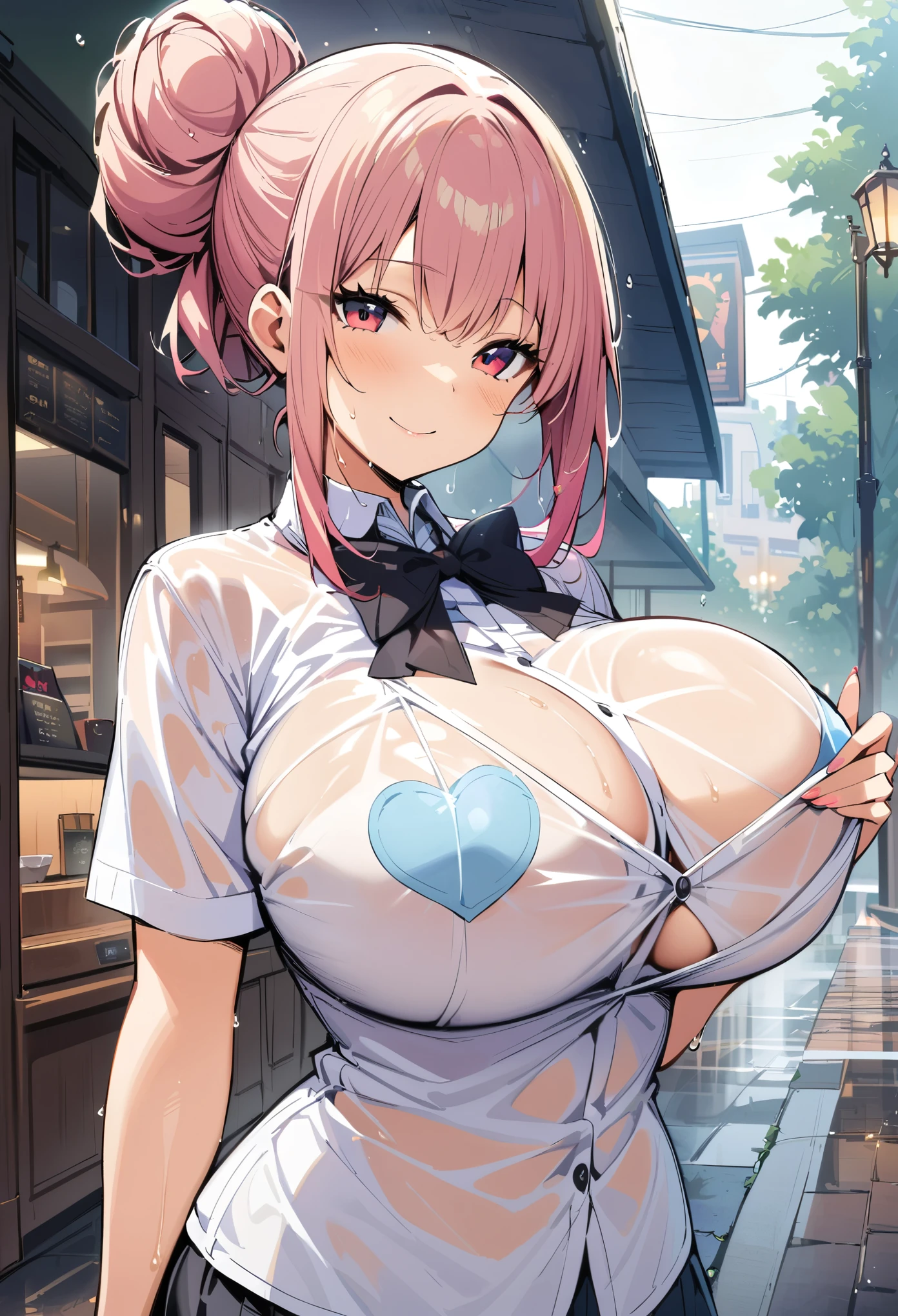 rainning, wet white clothes,see-through clothes,Transparent clothes,upper body,Heart Shaped Breast Patch, masterpiece, best quality, Very aesthetic, absurdres, highres, JK,huge tit,1girl,bow,bowtie,breasts,hair bun,long hair,looking at viewer,smile,cafe,standing