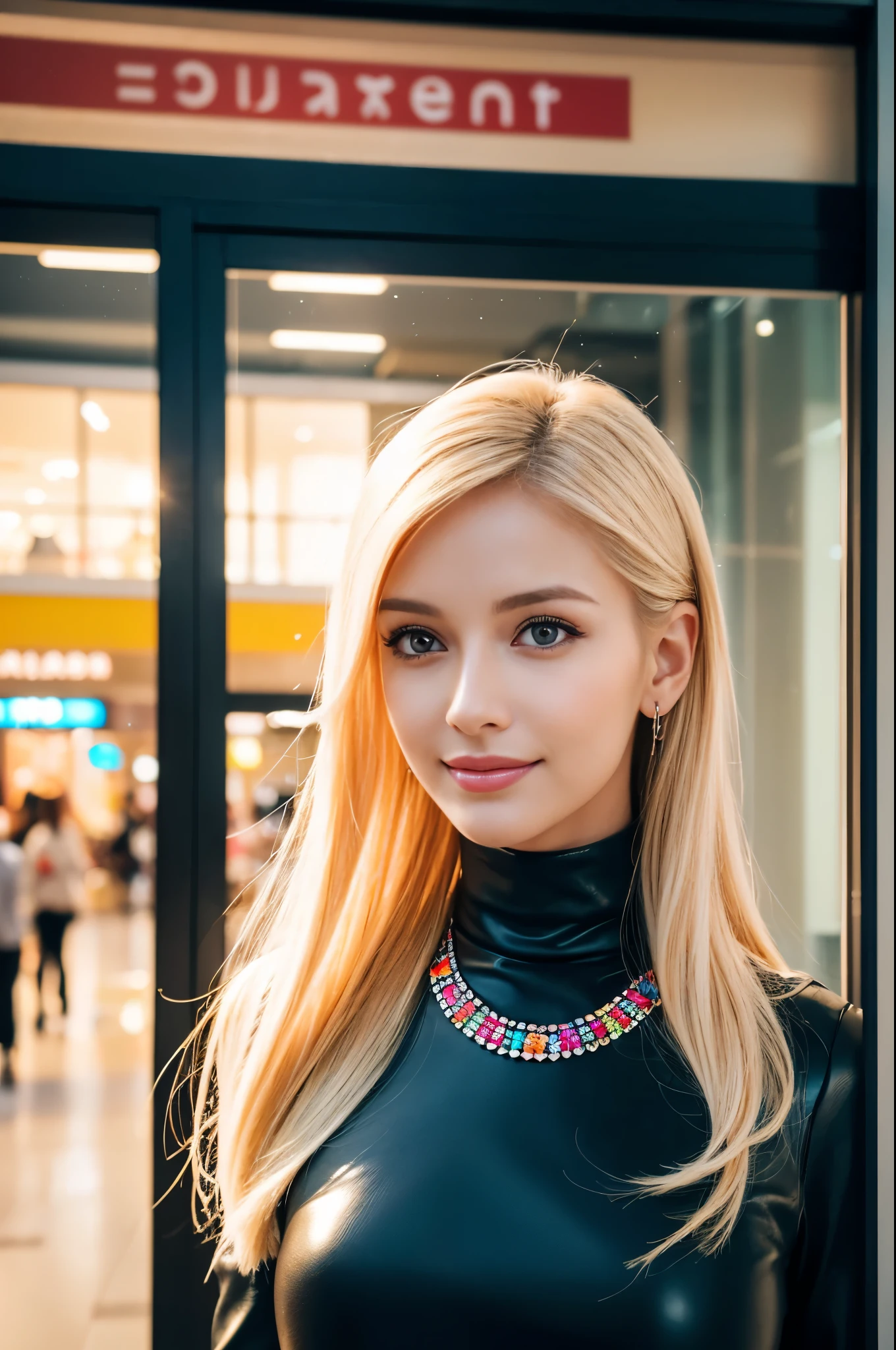 (best quality, 4k ,8k, highres, masterpiece:1.2), ultra-detailed, (realistic, photorealistic, photo-realistic:1.37), closeup, beautiful Swedish woman, beautiful smile, long lashes, defined eyebrows, platinum blonde hair, fair skin, slender figure, elegant posture, wearing large sparkling colorful jewelery, wearing a business style black leather dress, standing in a large shopping mall, gentle sunlight shining through the shopping mall windows, casting a soft glow on her face, adding warmth to the scene, vibrant colors, capturing the essence of vibrant city life, portrait style, showcasing her natural beauty and grace in a feminine way.