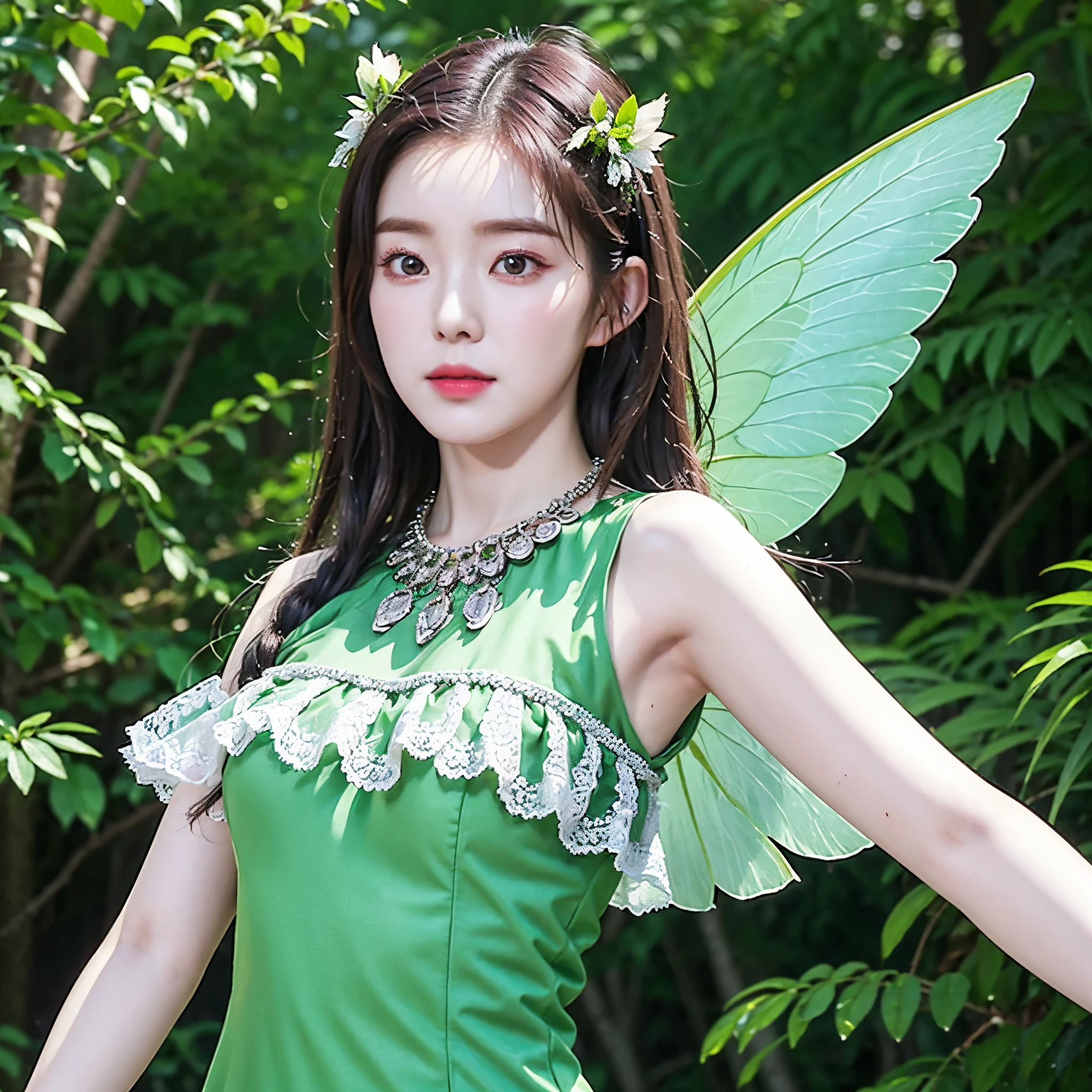 irene1, 1girl, fairy dress, green dress, fairy wings, in a forest