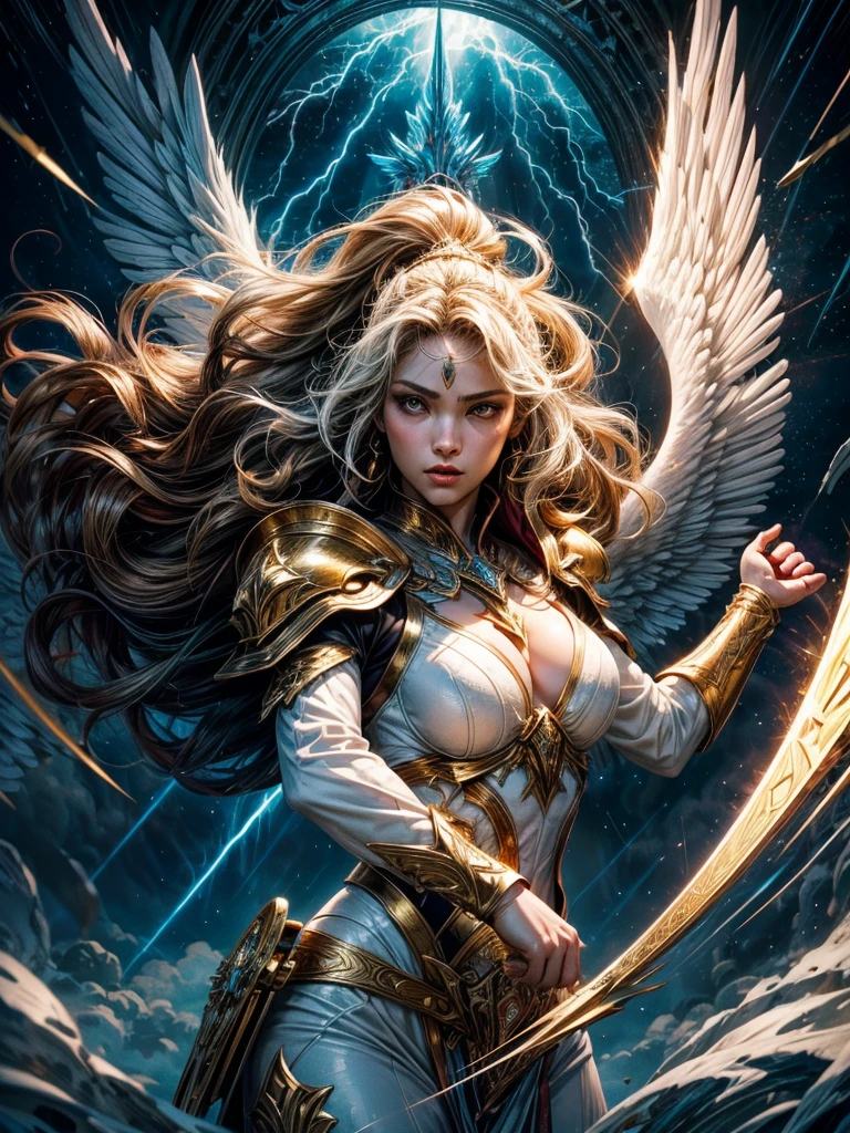 vectorial art style, stained glass,glorious victory scene,vivid colors,beautiful vintage warrior female angel,very big white open wings,beautiful angry face,curly long hair,face to face with observer,white armor with gold embroid details, dynamic angle, storm sky and lightning clouds background