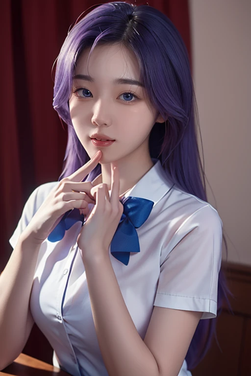 (1 lady), (Best quality at best:1.4), (ultra - detailed), (extremely detailed CG unified 16k), A Beautiful Woman with Perfect Figure: 1.4, Sharp Focus: 1.2, very detailed, High-definition RAW color photo, professional photoshooting, amazing face and eyes, cosmetics, Hanyuu, solo, tongue, tongue out, purple eyes, :p, horns, long hair, purple hair, looking at viewer, bow, shirt, realistic, beautiful girl, photorealistic, extremely detailed, white shirt, blue bowtie, perfectly drawn hands (five fingers hands, human hands, perfect hands)
