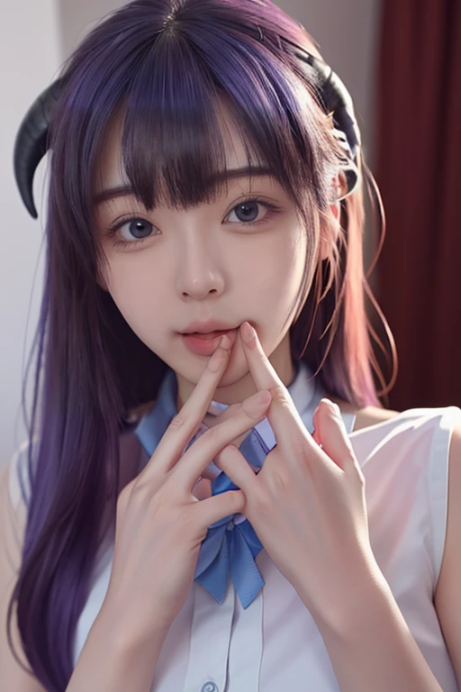 (1 lady), (Best quality at best:1.4), (ultra - detailed), (extremely detailed CG unified 16k), A Beautiful Woman with Perfect Figure: 1.4, Sharp Focus: 1.2, very detailed, High-definition RAW color photo, professional photoshooting, amazing face and eyes, cosmetics, Hanyuu, solo, tongue, tongue out, purple eyes, :p, horns, long hair, purple hair, looking at viewer, bow, shirt, realistic, beautiful girl, photorealistic, extremely detailed, white shirt, blue bowtie, perfectly drawn hands (five fingers hands, human hands, perfect hands)