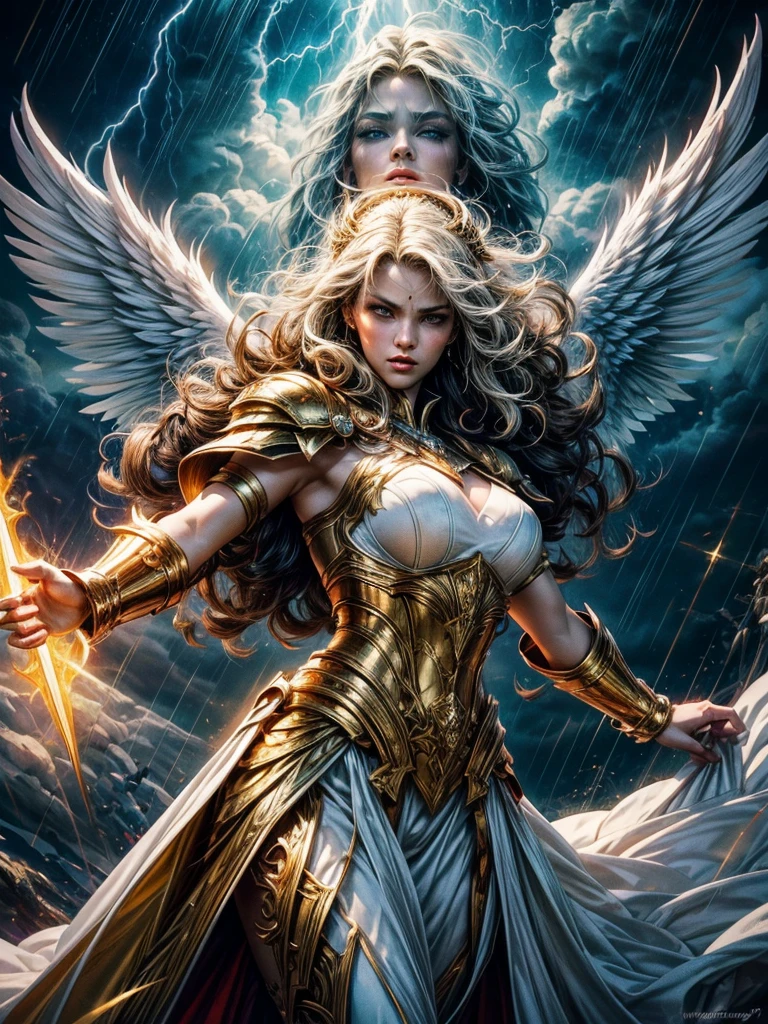 vectorial art style, stained glass,glorious victory scene,vivid colors,beautiful vintage warrior female angel,very big white open wings,beautiful angry face,curly long hair,face to face with observer,white armor with gold embroid details, dynamic angle, storm sky and lightning clouds background