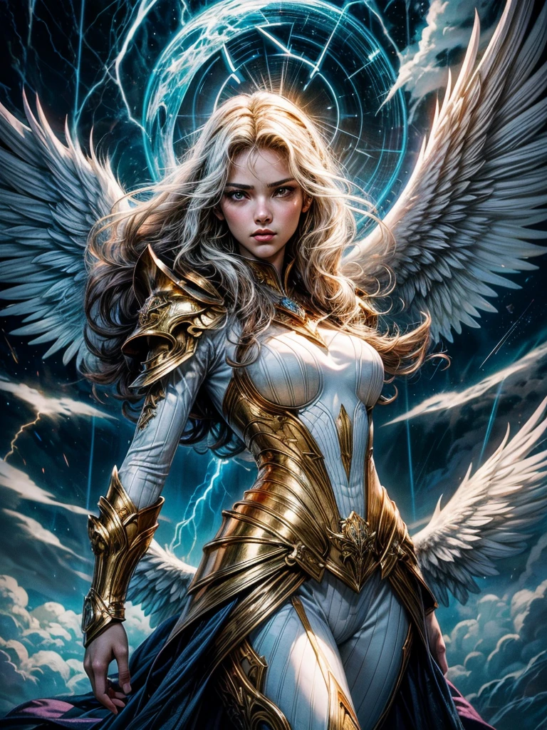 vectorial art style, stained glass,glorious victory scene,vivid colors,beautiful vintage warrior female angel,very big white open wings,beautiful angry face,curly long hair,face to face with observer,white armor with gold embroid details, dynamic angle, storm sky and lightning clouds background