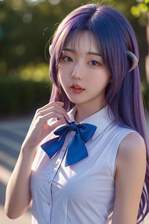 (1 lady), (Best quality at best:1.4), (ultra - detailed), (extremely detailed CG unified 16k), A Beautiful Woman with Perfect Figure: 1.4, Sharp Focus: 1.2, very detailed, High-definition RAW color photo, professional photoshooting, amazing face and eyes, cosmetics, Hanyuu, solo, tongue, tongue out, purple eyes, :p, horns, long hair, purple hair, looking at viewer, bow, shirt, realistic, beautiful girl, photorealistic, extremely detailed, white shirt, blue bowtie,