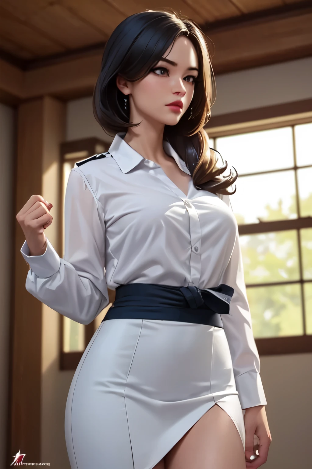 (ultra realistic,32K,foto crua:1.1),(pele altamente detalhada:1.1), 8k hd, dslr, alta qualidade, film grain, (inventar, mascara:1.1), lips,(espesso\lips\),
(translucent and shiny clothes:1.1), WakatsukiRisa, 1 garota, mulher madura,cabelo preto, cabelo curto, inventar, lipstick, , (olhos roxos:0.5), olhos detalhados, rosto perfeito,camisa branca, pencil skirt, Coxas, cintas-liga, (tronco:1.2),, Reaching high with both hands,
(peituda:1.1) , (gordinho:0.1),(bioluminescente:1.2),tema escuro, Dojo de artes marciais, Treinamento de Combate, immersive martial arts simulations, holographic opponents