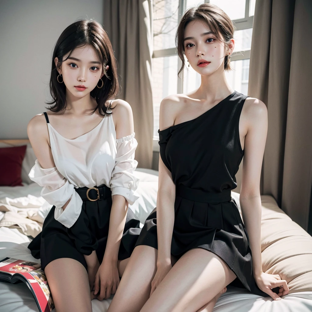 absurdres, RAW photo, extremely delicate and beautiful, masterpiece, Best Quality, ultra high resolution, 32k, hyperrealistic, ultra-detailed, detailed description, pale skin, 20 years old, detailed beautiful face and eyes, tearful mole, earring, Colossal tits, short medium hair, wavy hair, full body shot, alone, shirt, skirt, bare legs, bare shoulder,