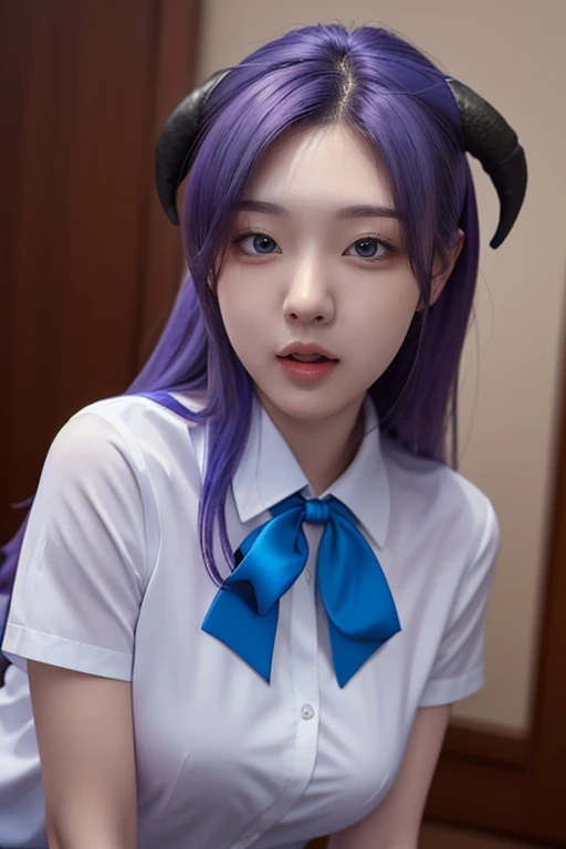 (1 lady), (Best quality at best:1.4), (ultra - detailed), (extremely detailed CG unified 16k), A Beautiful Woman with Perfect Figure: 1.4, Sharp Focus: 1.2, very detailed, High-definition RAW color photo, professional photoshooting, amazing face and eyes, cosmetics, Hanyuu, solo, tongue, tongue out, purple eyes, :p, horns, long hair, purple hair, looking at viewer, bow, shirt, realistic, beautiful girl, photorealistic, extremely detailed, white shirt, blue bowtie,