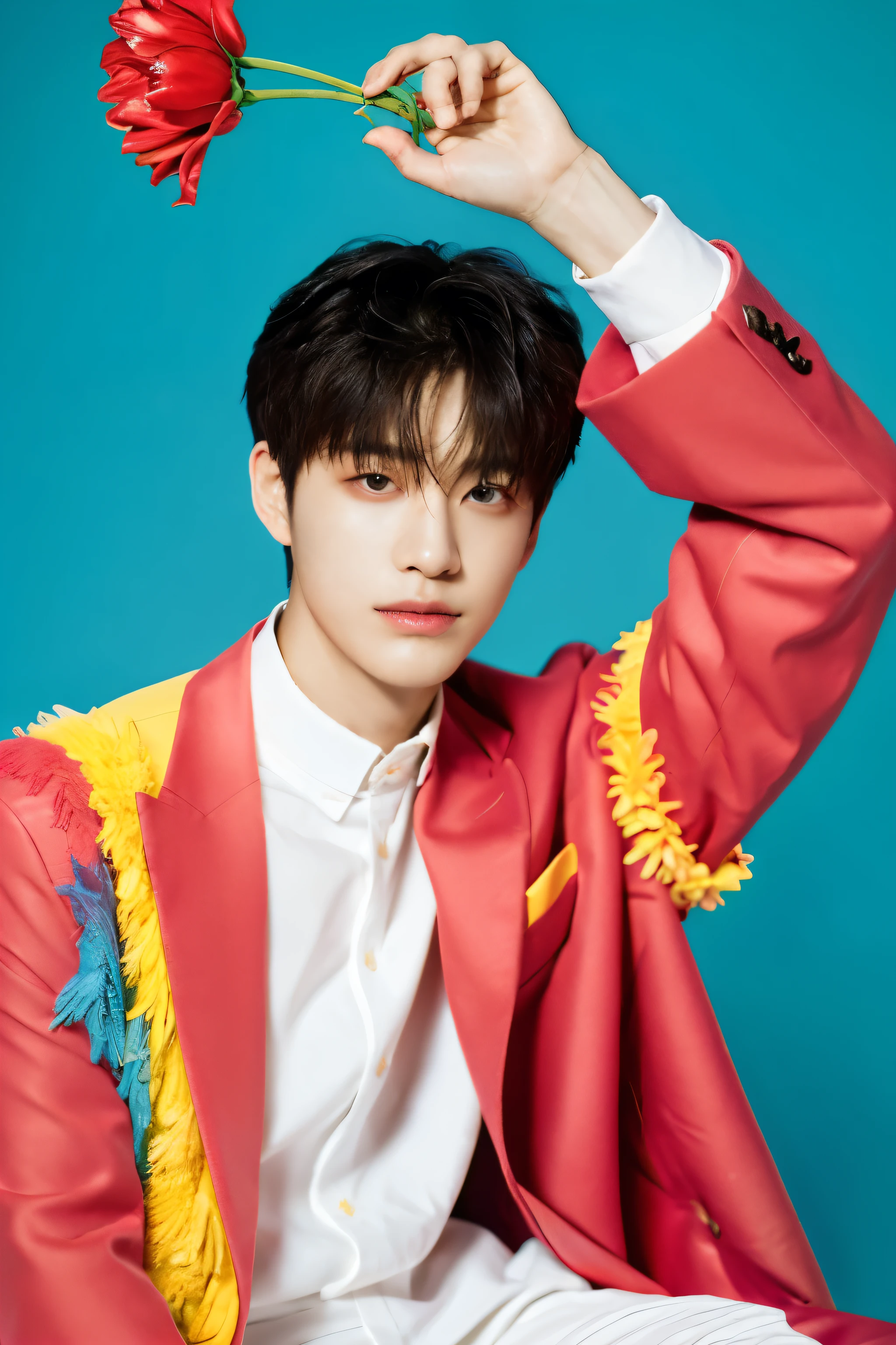 Full colorful background and backdrop,magazine photo,pose and play hand hold a flower prop,no text,short blazer,Handsome korean male,Center-parted hairstyle,a cassock,worship,angle tilted to the side,
