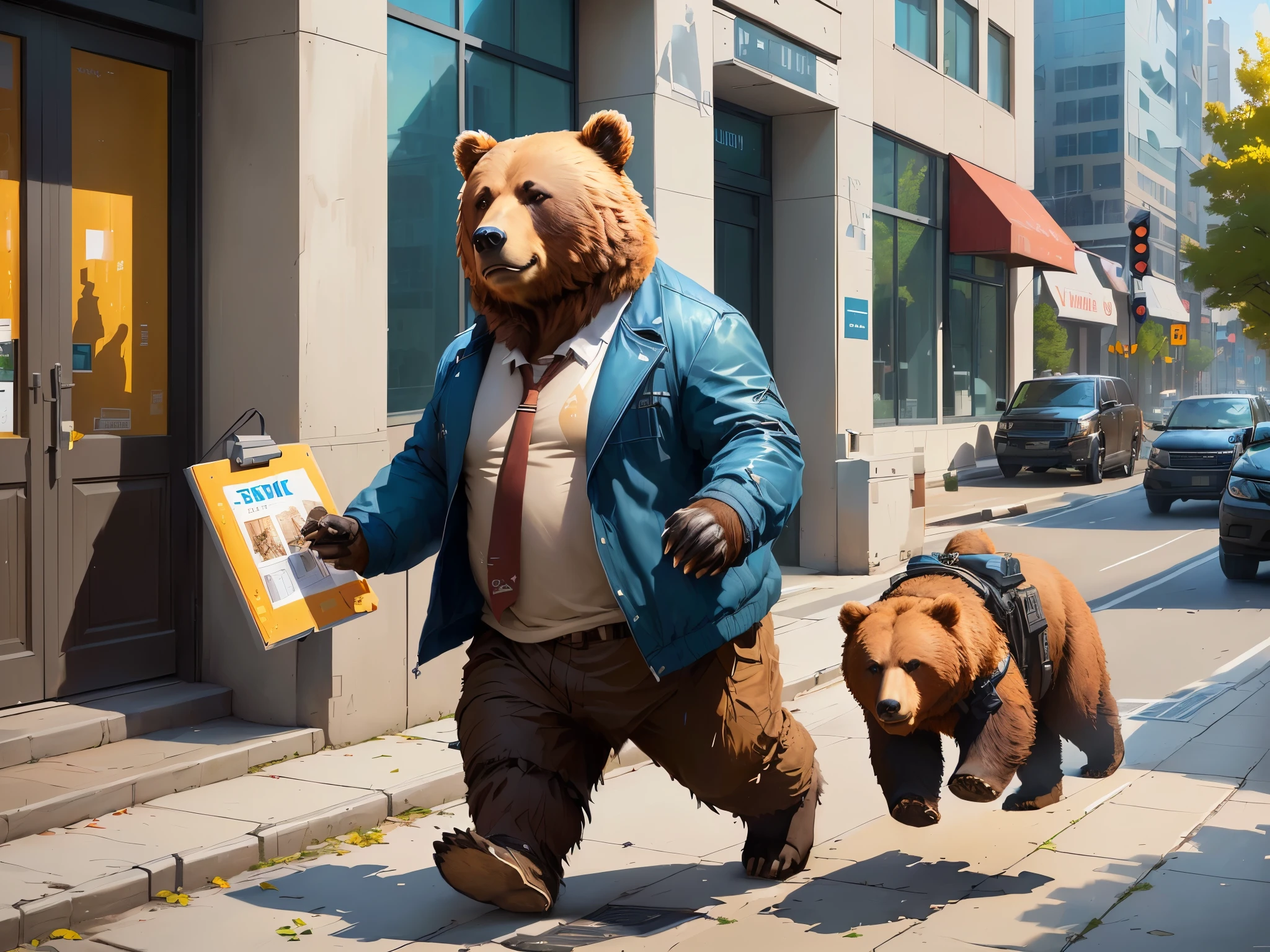 there is a man and a bear walking down the street, sergey zabelin, john park, wojtek fus, bears, a hyper realistic, by Jason Benjamin, john banovich, by Scott Listfield, stefan koidl, alexey egorov, running from bear, inspired by Scott Listfield, an ultra realistic, inspired by Kurt Wenner