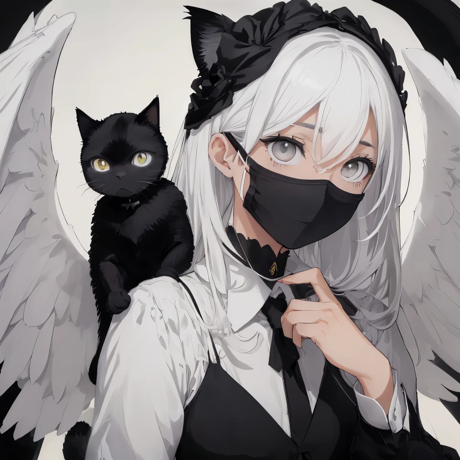 mejor calidad, Obra maestra, pelo blanco, ojos dorados, Ropa elegante, with a mask on, gender man, black and white wings , with a black cat on top of his head