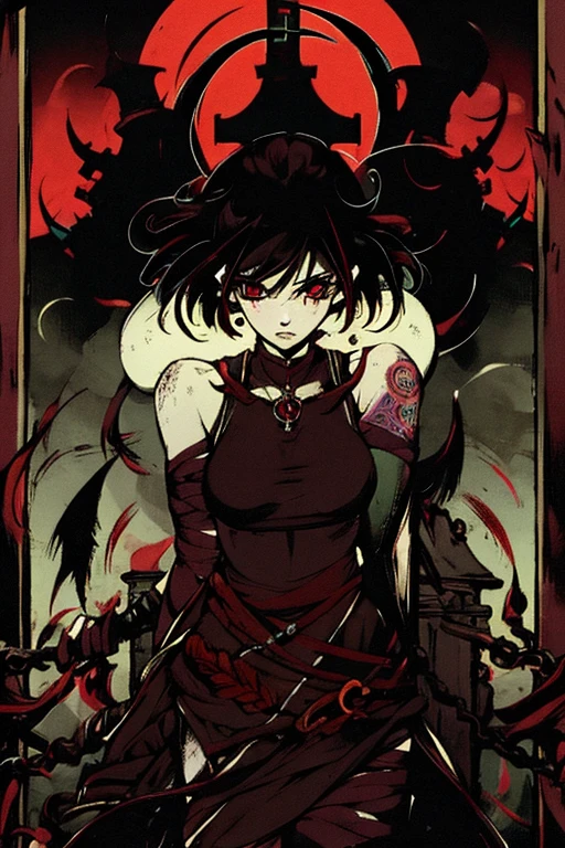 goth anime girl, 90s anime, gothic, 1women, dark church, red eyes, dark ambient, low saturation