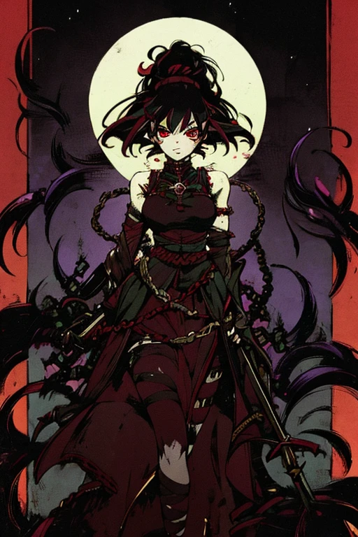 goth anime girl, 90s anime, gothic, 1women, dark church, red eyes, dark ambient, low saturation
