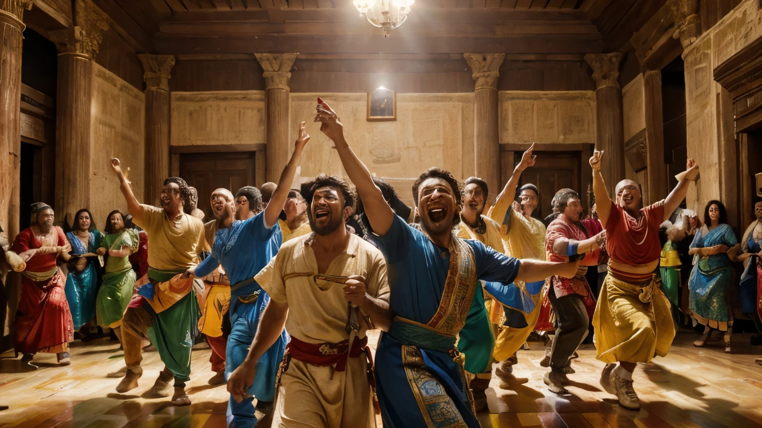 (men drinking and dancing in a big house and a group playing, extremely happy, joyful, ancient Judea, scene of joy), (oil painting), (vibrant brush strokes, detailed textures, rich colors), (best quality, 4k resolution , high resolution: 1.2), (emotional, happy, dramatic, joy, joy), (warm tones, earth colors), (soft and diffuse lighting)