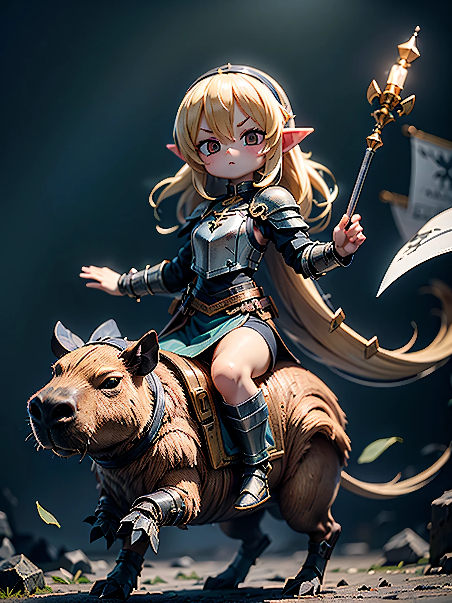 #quality(8k,wallpaper of extremely detailed CG unit, ​masterpiece,hight resolution,top-quality,top-quality real texture skin,hyper realisitic,increase the resolution,RAW photos,best qualtiy,highly detailed,the wallpaper,cinematic lighting,ray trace,golden ratio,), BREAK ,#1elf(chibi:1.6,cute,kawaii,blonde hair,hair floating,knight,white armor,holding spear,cavalryman,attacking enemies, riding on an armored capybara),#background(outside,at battlefield),full body