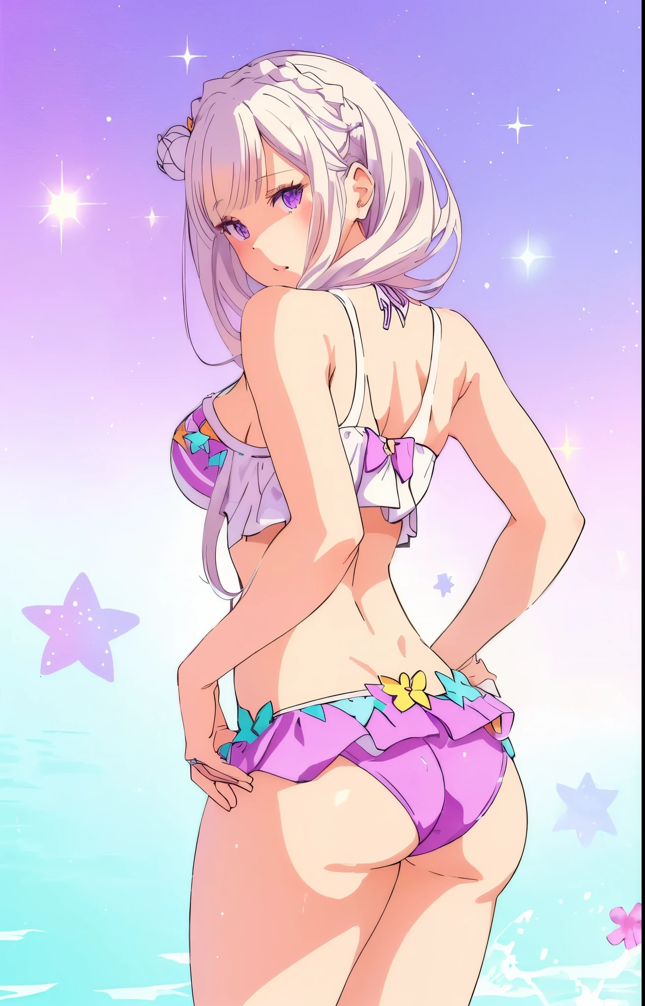 Emilia re:zero, purple eyes, Emilia, crown braid, x hair ornament, flower hair ornament, white hair, long hair, medium breasts, anime girl in a bikini with a star in the background, full body portrait of a short!, lola bunny fanart, cutesexyrobutts, oc commission, commission for high res, inspired by Pearl Frush, full body:: sunny weather::, swimsuit, fullbody commission for, anime artstyle, girl pinup, pinup art, bathing suit, betty cooper, retro anime girl