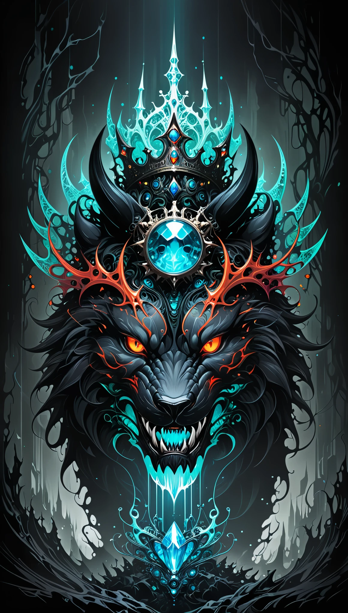(in style of Nick Veasey:1.3),Demon's Crown,(Mysterious Landscape),[suspenseful],Fantasy,Dark,shadowy,atmospheric,dark colors,(A miracle stone showing modern technological patterns),leaving the viewer suspended in a state of numb indifference,(demon crown:1.3),(the king of dangerous beasts:1.2),(transformed by future technology:1.2),(vivid color palette:1.2),(fractal art:0.9),ominous glowneon,
