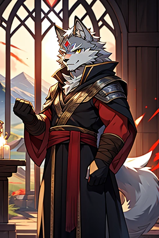 Hairy,1 boy, White Silver Wolf Boy，juvenile,Baby Face,頬もHairy,young，middle earth，Exquisite, detailed，clear，Facing diagonally,Landscape，White Assassin Outfit,clear yellow eyes,Rainbow Eyes,Eye contact,Gold inverted triangle tattoo on forehead，White fur，short Hairy tail，Black gloves，The legs are wrapped in black bandages,clear面部，No pattern on the body，Dress appropriately，Strict body structure,The eyes are red and shine like transparent sparks.,Evil Eye,Red light emanating from inside the eye,A red spirit resides in the eyes,Upper body only,