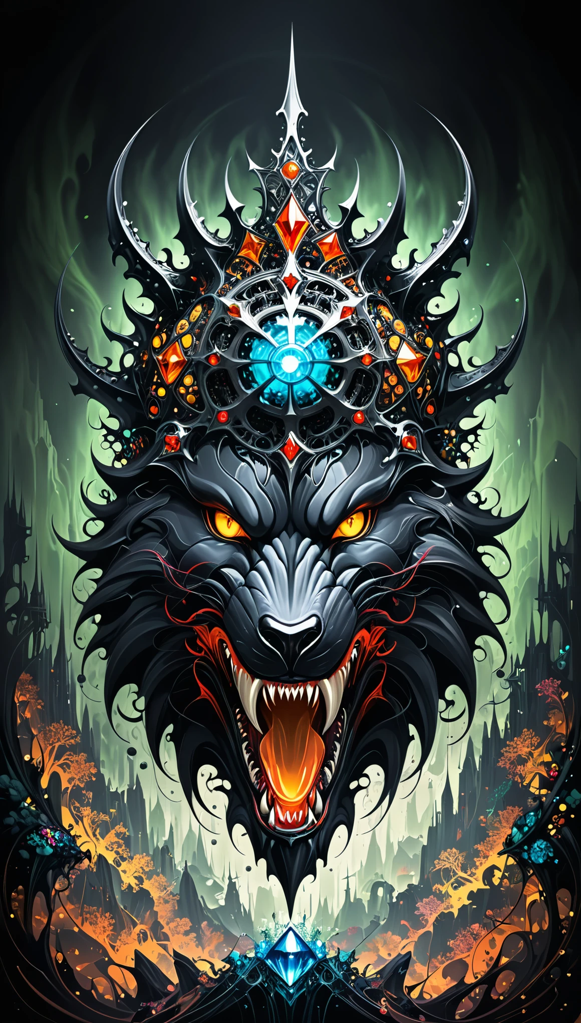 (in style of Nick Veasey:1.3),Demon's Crown,(Mysterious Landscape),[suspenseful],Fantasy,Dark,shadowy,atmospheric,dark colors,(A miracle stone showing modern technological patterns),leaving the viewer suspended in a state of numb indifference,(demon crown:1.3),(the king of dangerous beasts:1.2),(transformed by future technology:1.2),(vivid color palette:1.2),(fractal art:0.9),
