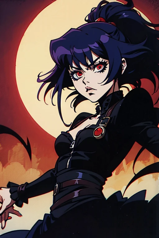 goth anime girl, 90s anime, gothic, 1women, dark church, red eyes, dark ambient, low saturation
