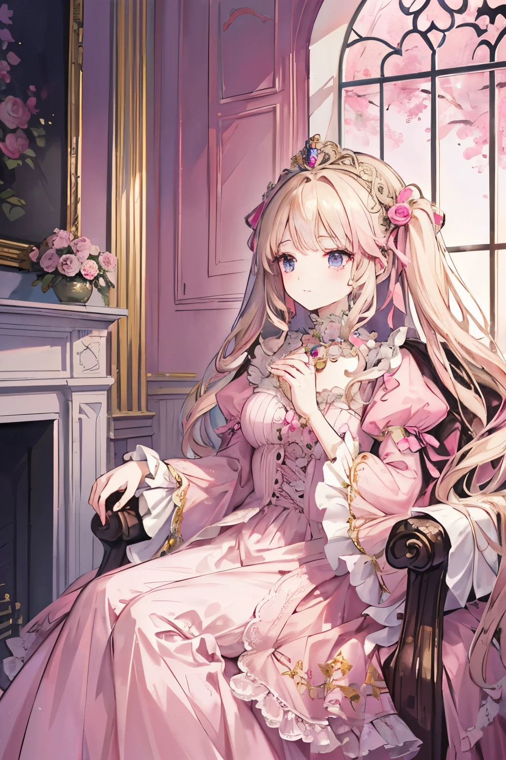 (8K, best quality, master piece: 1.2), super high resolution,****,Marie-Antoinette,ultra-detailed face,detailed eyes,Mouth slightly open,(blonde hair),long hair,wavy hair, BREAK,rococo frill dress,long sleeve dress,The dresss includes an ultra-long skirt,baroque dress, intricate fantasy dress, ornate ruffle y dress, romantic dress, ruffle y outfit,ruffles, ****ta style, formal wear, fancy fashion, palate colors include pink and white,(pink:1.5),class A smiling face,gold tiara, necklace,Sitting in a luxurious chair,hand on own knees,(iridescent light:1.4),,Profile shot of a person looking out a window,The rosebush is reflected in the window,(inside Victoria Palace)