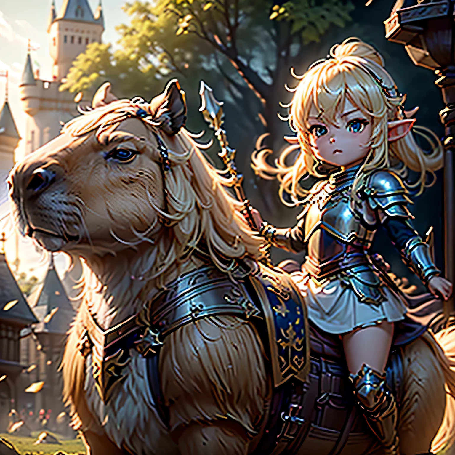 #quality(8k,wallpaper of extremely detailed CG unit, ​masterpiece,hight resolution,top-quality,top-quality real texture skin,hyper realisitic,increase the resolution,RAW photos,best qualtiy,highly detailed,the wallpaper,cinematic lighting,ray trace,golden ratio,), BREAK ,(the 1chibi elf knight is riding on 1capybara as cavalryman and attacking enemies),#1chibi elf(chibi,cute,kawaii,elf,blonde hair,hair floating,knight,white armor,holding spear),#1capybara(armored,cute,kawaii,furry),#background(outside,can see the castle far,at battlefield),fullbody