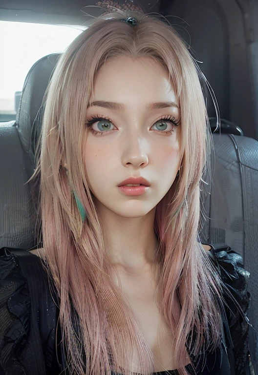 young woman, short shoulder-length pink hair, wide forehead, porcelain skin, pink eyebrows, big emerald green eyes, buttoned nose, full lips, heart-shaped face, slender body, small breasts, red tank top, Sakura Haruno , realistic, realism, details, 3d, well detailed