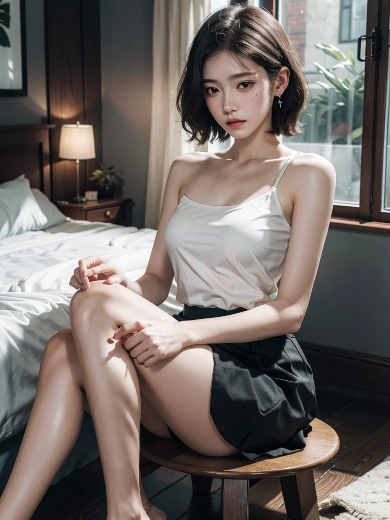 absurdres, RAW photo, extremely delicate and beautiful, masterpiece, Best Quality, ultra high resolution, 32k, hyperrealistic, ultra-detailed, detailed description, pale skin, 20 years old, detailed beautiful face and eyes, tearful mole, earring, Colossal tits, short medium hair, wavy hair, full body shot, alone, shirt, skirt, bare legs, bare shoulder,