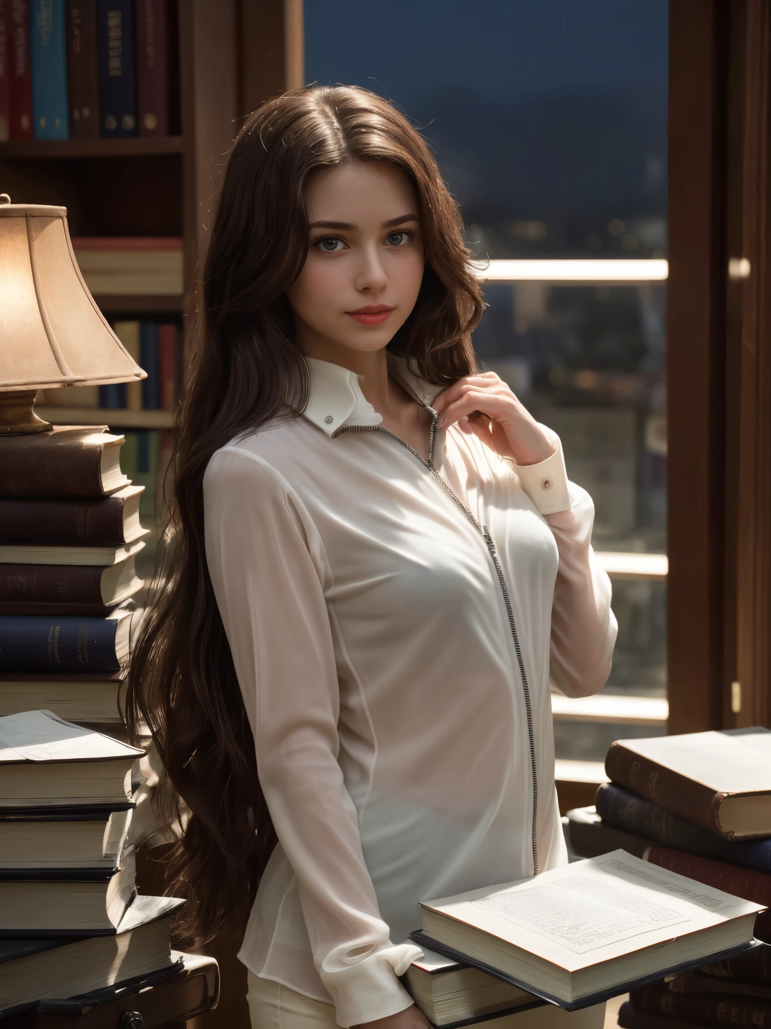 girl bring a pile of book, BREAK, 1girl, (see-through zipper white blouse:1.2), detailed face, (holding pile of book:1.2), very long hair, absurdly long hair, standing, inside library, looking at viewer, beautiful girl, brown skin, platinum red hair, purple eyes, smirk, (dramatic light, cinematic scene:1.2), (night:1.2), cleavage, dynamic angle, 