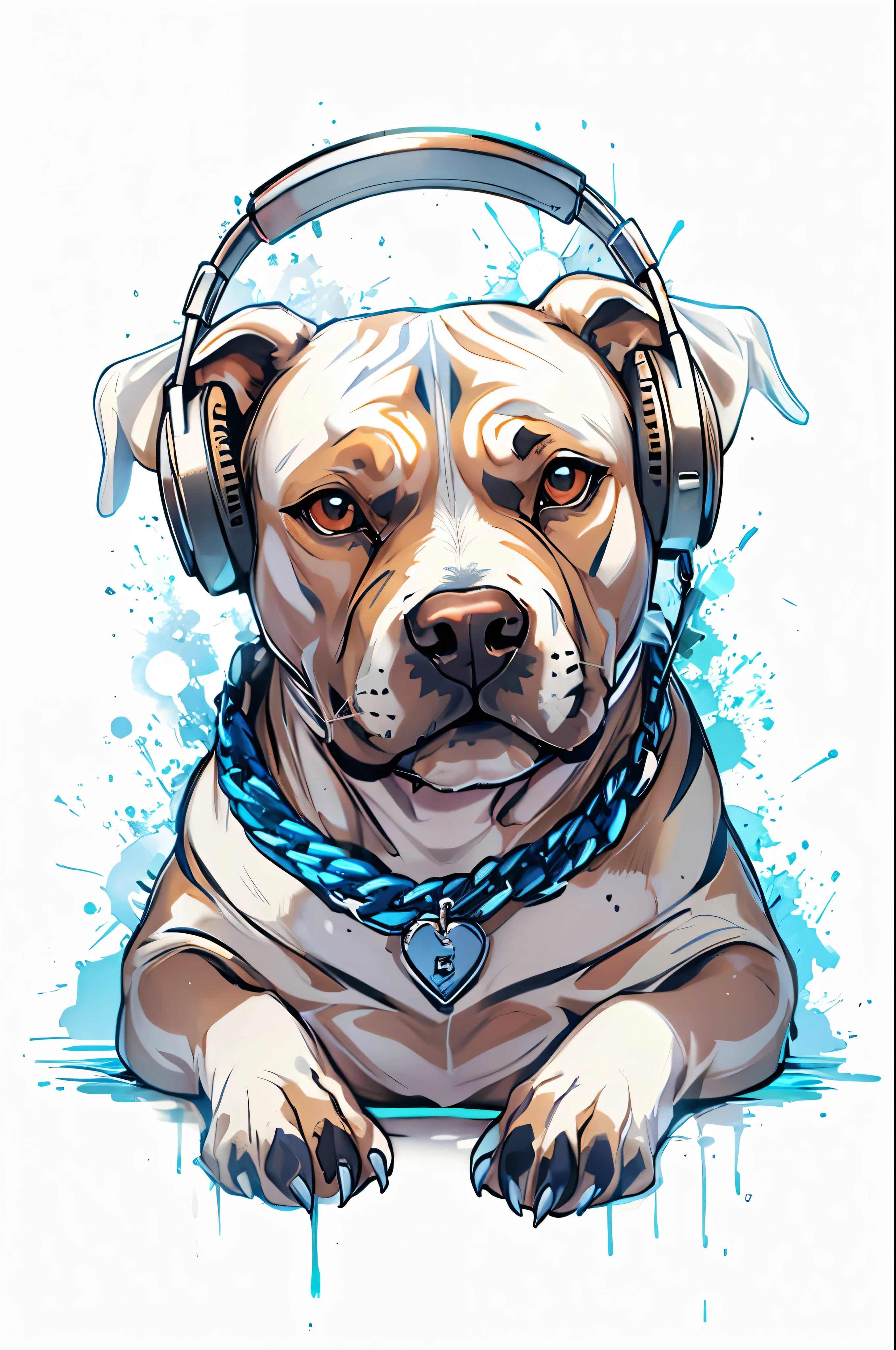 Um cachorro branco ,com fone de ouvido dourados, corrente dourada .
