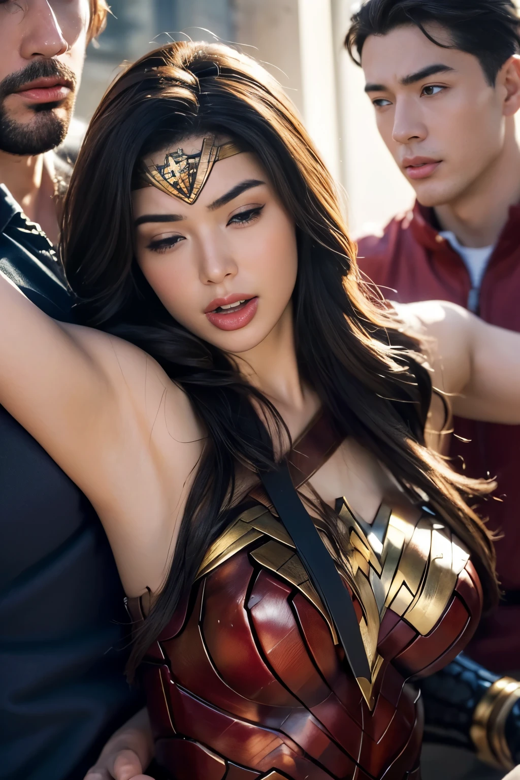 私はWonder Womanです、完璧なWonder Womanの衣装,On all fours,Hug from the front,お姫様Hugged,Hugged,Being strangled,You can hold it,Leaning on the man,Hugged,Can be lifted,Men lick my face with their tongues,The guys lick my head with their tongues,Men lick my hair with their tongues,My body is licked by men,sleeping face,Close ~ eyes,Open your mouth,Tired face,Face of Suffering,sleeping face,Being slapped in the face,Getting punched in the face,Fighting with men,Fight with the men,Surrounded by men,,Caught between the men,Being held back by men,Entanglement with males, Attacked by men,Brown Hair, masterpiece、beautiful girl、fine 目、puffy eyes、highest quality, 超High resolution, (reality: 1.4), Cinema Lighting,so beautiful、Beautiful Skin、(超reality的な)、(High resolution)、(8k)、(Very detailed)、(beautiful and fine 目)、(Very detailed)、 Detailed face、Diagonal bangle hair、Brown Hair、20-year-old、Wonder Womanのコスプレ,Wonder Woman