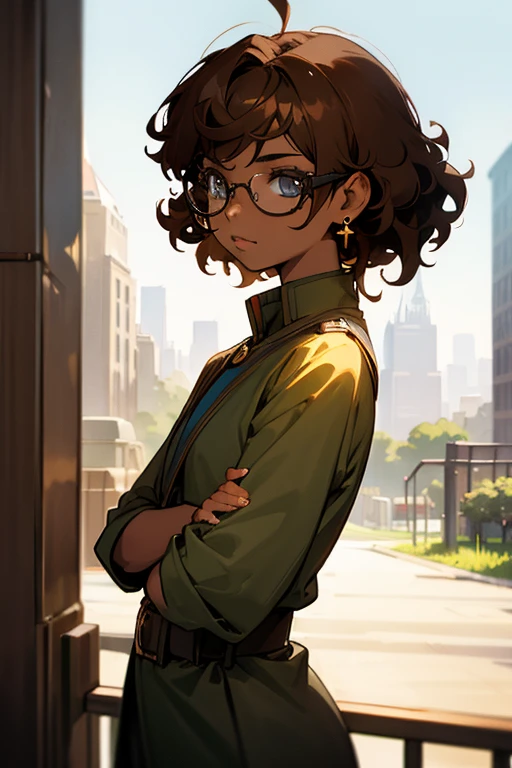 avatar,curly hair, short hair ,earrings, young female, sunlight, brown hair , city background, glasses, dark skin,
