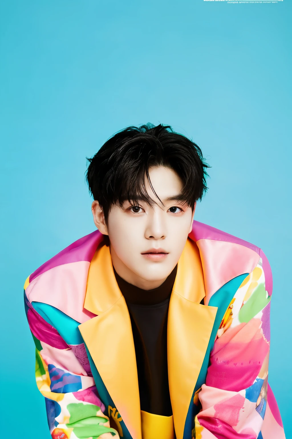 Full colorful background and backdrop,magazine photo,sexy pose,flower prop,no text,short blazer,Handsome korean male,Center-parted hairstyle,a cassock,worship,angle tilted to the side,