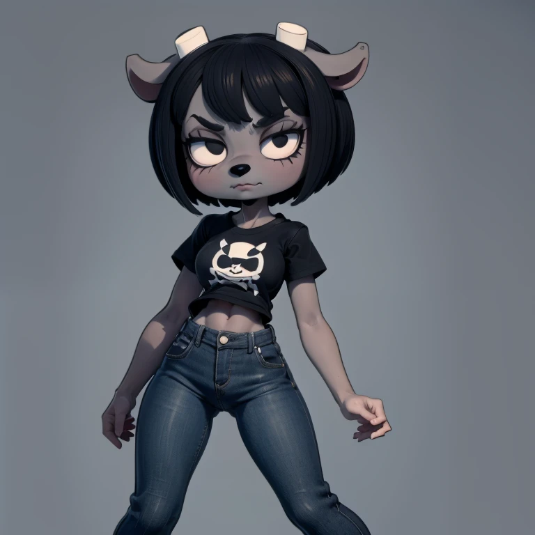 1girl, furry, black hair, short hair, horns, black eyes,  grey skin, black shirt, blue jeans, midriff, (full body:1.2),  simple background,  rammy, mad 