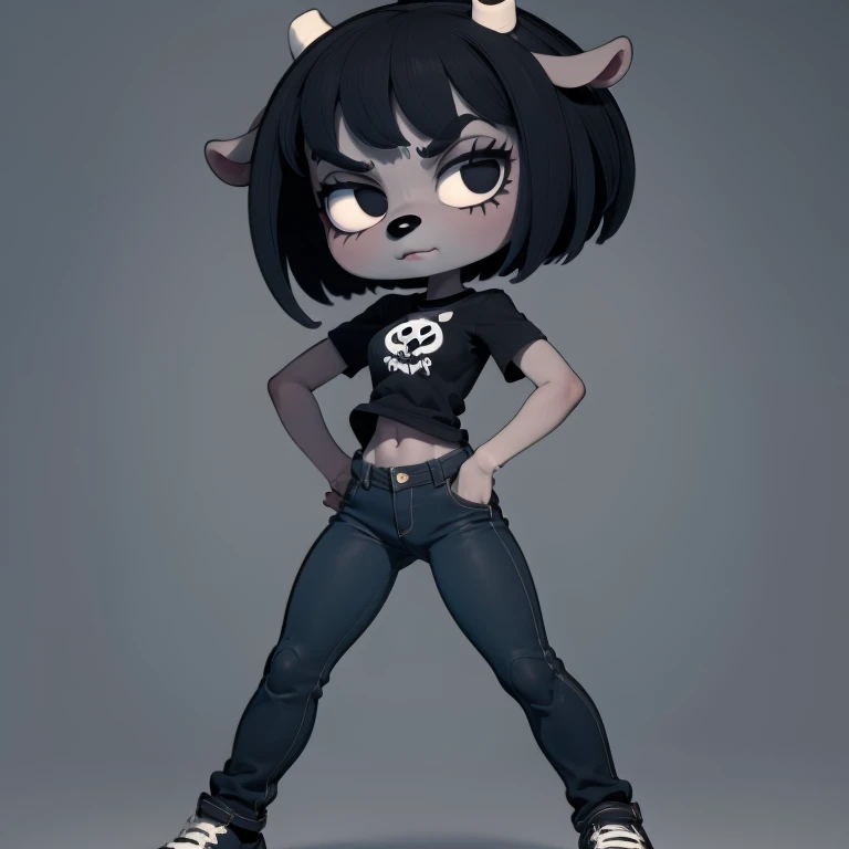 1girl, furry, black hair, short hair, horns, black eyes,  grey skin, black shirt, blue jeans, midriff, (full body:1.2),  simple background,  rammy, mad 