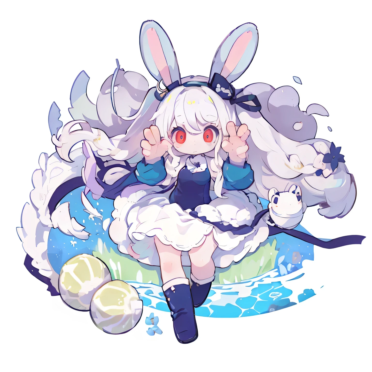 #quality(8k,best quality, masterpiece),solo, #1girl(full body,white swim wear, big hairbow, white hair, long hair, red eyes,rabbit ear,dinamic pose,holding coconut),#background(simple,monotone,monocolor),((accurate hand))