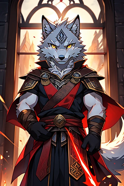 Hairy,1 boy, White Silver Wolf Boy,White Wolf,juvenile,Baby Face,頬もHairy,young,middle earth,Exquisite, detailed,clear,Facing diagonally,Landscape,White Assassin Outfit,clear yellow eyes,Rainbow Eyes,Eye contact,Intricate red tattoos adorning the eyes,White fur,short Hairy tail,Black gloves,The legs are wrapped in black bandages,clear面部,No pattern on the body,Dress appropriately,Strict body structure,The eyes are red and shine like transparent sparks.,Evil Eye,Red light emanating from inside the eye,A red spirit resides in the eyes,Upper body only,Take a close-up shot