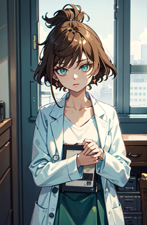 solo, Juniper, green eyes, short hair, earrings, lab coat, white shirt, green skirt, brown hair, style3,, ultra detailed, masterpiece, best quality, aesthetic, detailed,