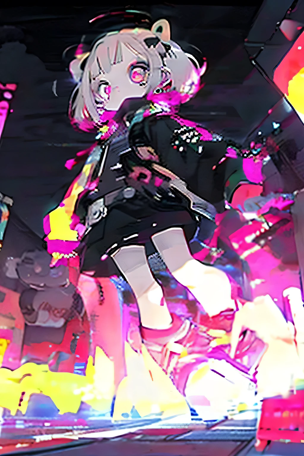 #quality(8k,best quality, masterpiece,super detailed),solo,#1 girl(qute,kawaii,small kid,,shot hair,hairbow,eye color is cosmic,big eyes,at noisy city,from below,pale skin,extremy white skin,glossy body,punk rock costume),#background(neon lights,outside,night)