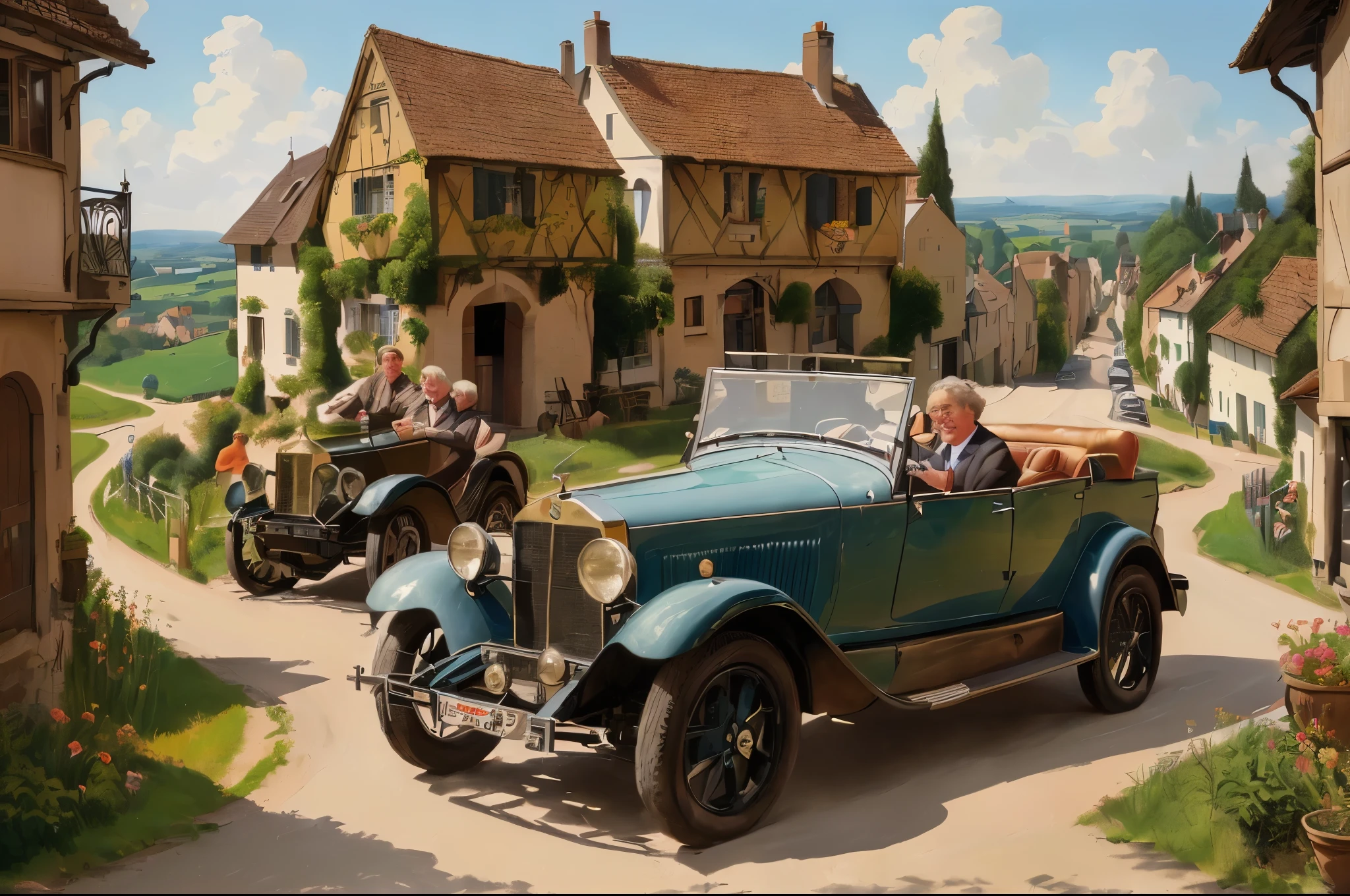 painting of a couple of people driving a car down a road, by Marius Borgeaud, by Joop Sanders, by Frank Buchser, by Ulrich Leman, by Krzysztof Boguszewski, by Sigmund Freudenberger, by Artur Tarnowski, by Ernst, by Adrian Zingg, by Leo Goetz
