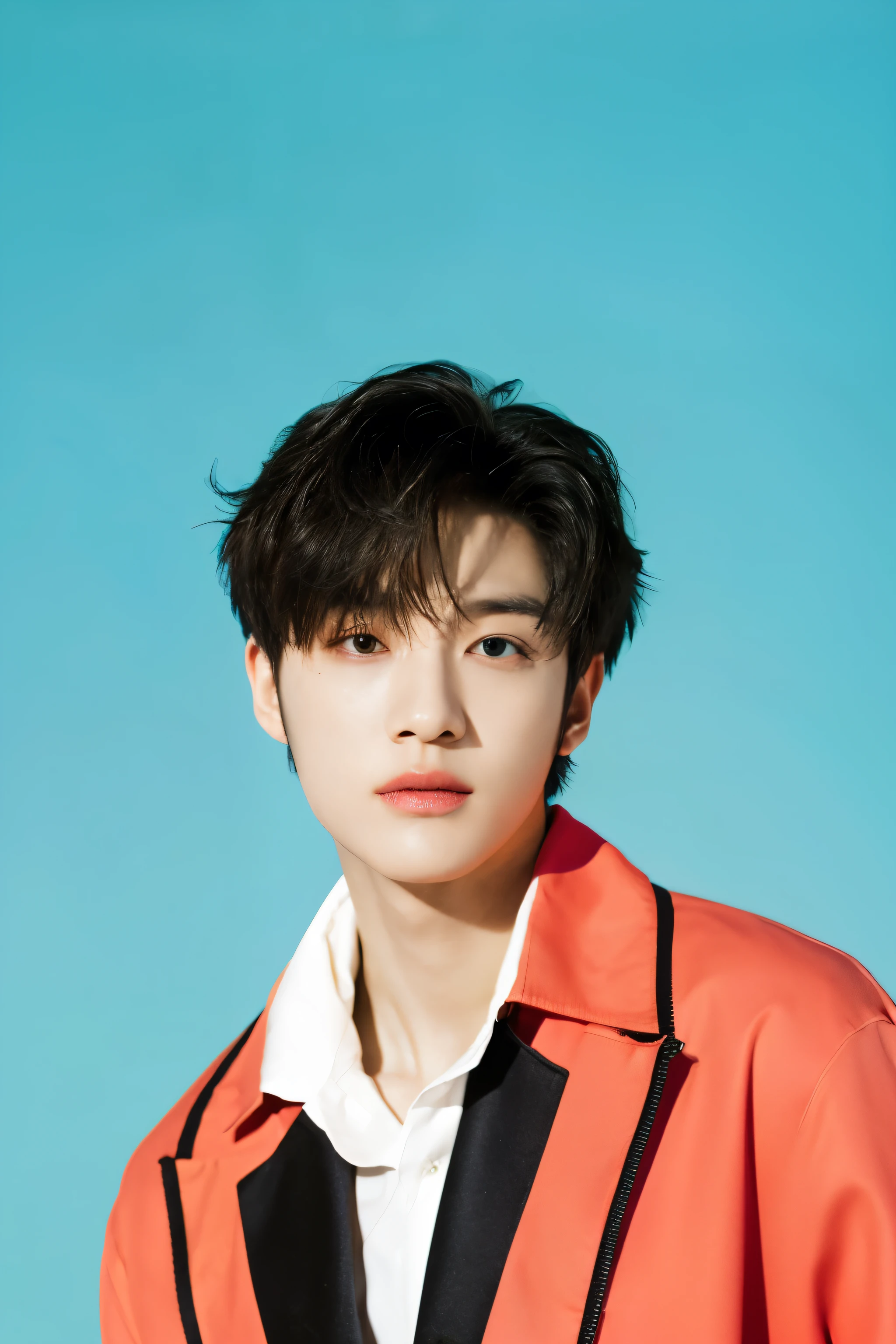 Full colorful background and backdrop,magazine photo,sexy pose,flower prop,no text,short blazer,Handsome korean male,Center-parted hairstyle,a cassock,worship,angle tilted to the side,