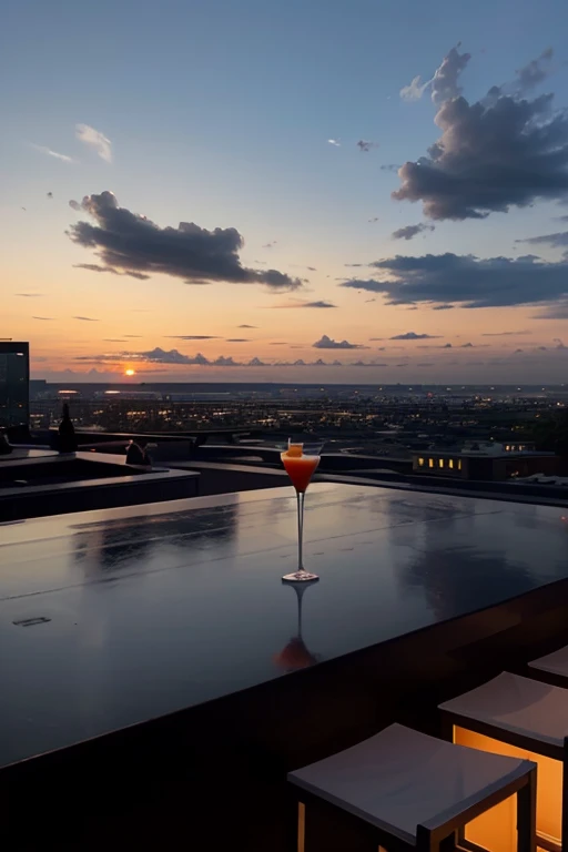 High-end rooftop cocktail bar at dusk.