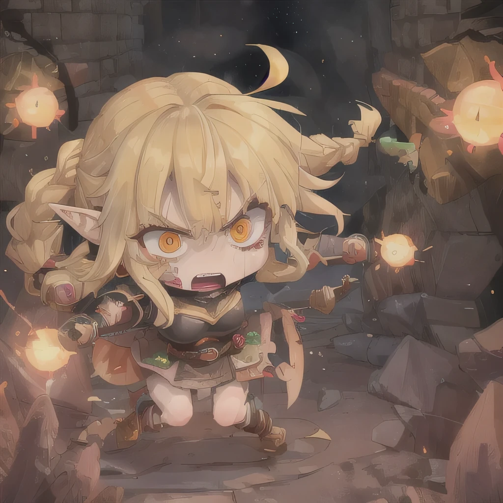 #quality(8k,best quality, masterpiece,super detailed),fighting each other,beholder #girl(cute, kawaii,, angry face,brave,elf archer,hair floating,hair color blond,braid hair,skin color white,eye color cosmic,eyes shining,big eyes,big breast,wearing damaged armor,in fight,elf ear,dynamic action,),#background(dungeon,dark,sparks,)