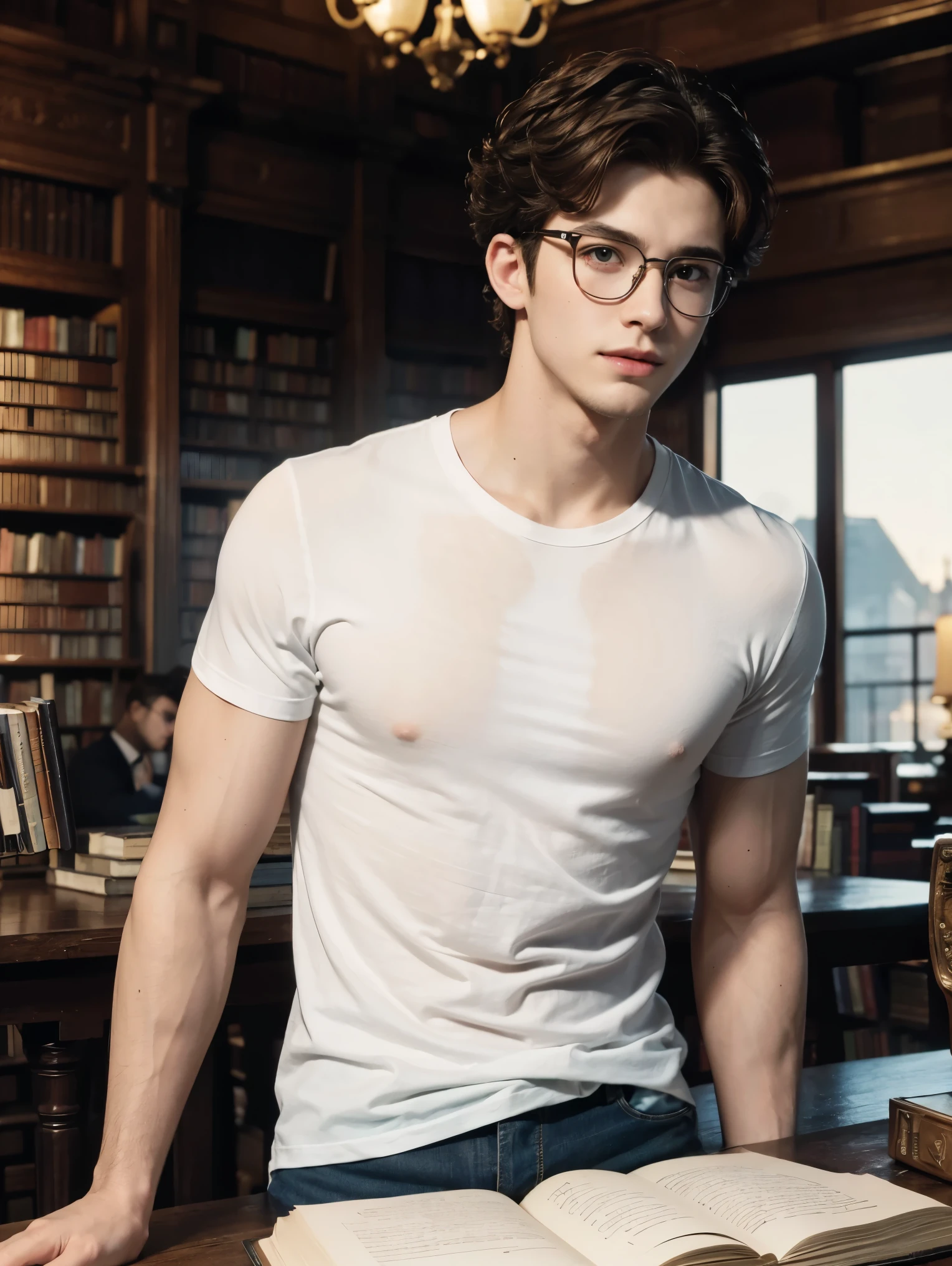 (Masterpiece, Hyperrealistic, 8k, HDR, RAW), ((Natural illumination)), window illumination, inside illumination, (((Inside a library filled woth books))), ((handsome man)), american boy, bad boy, ((Pale skin)), 18 years old, ((White t-shirt with modern desing)), ((Tight t-shirt)), ((Glasses)), ((Short curly hair)), ((Toned muscular body)), ((Brown hair)), serene face, grin, perfect anatomy